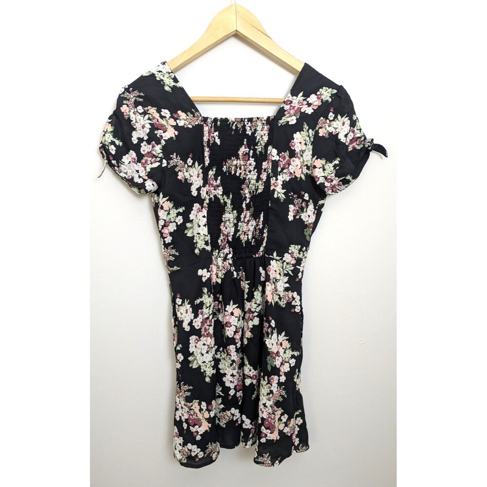 Abercrombie & Fitch XSP Dark Floral V-Neck Babydoll Coquette Mini Dress Smocked - Picture 2 of 16